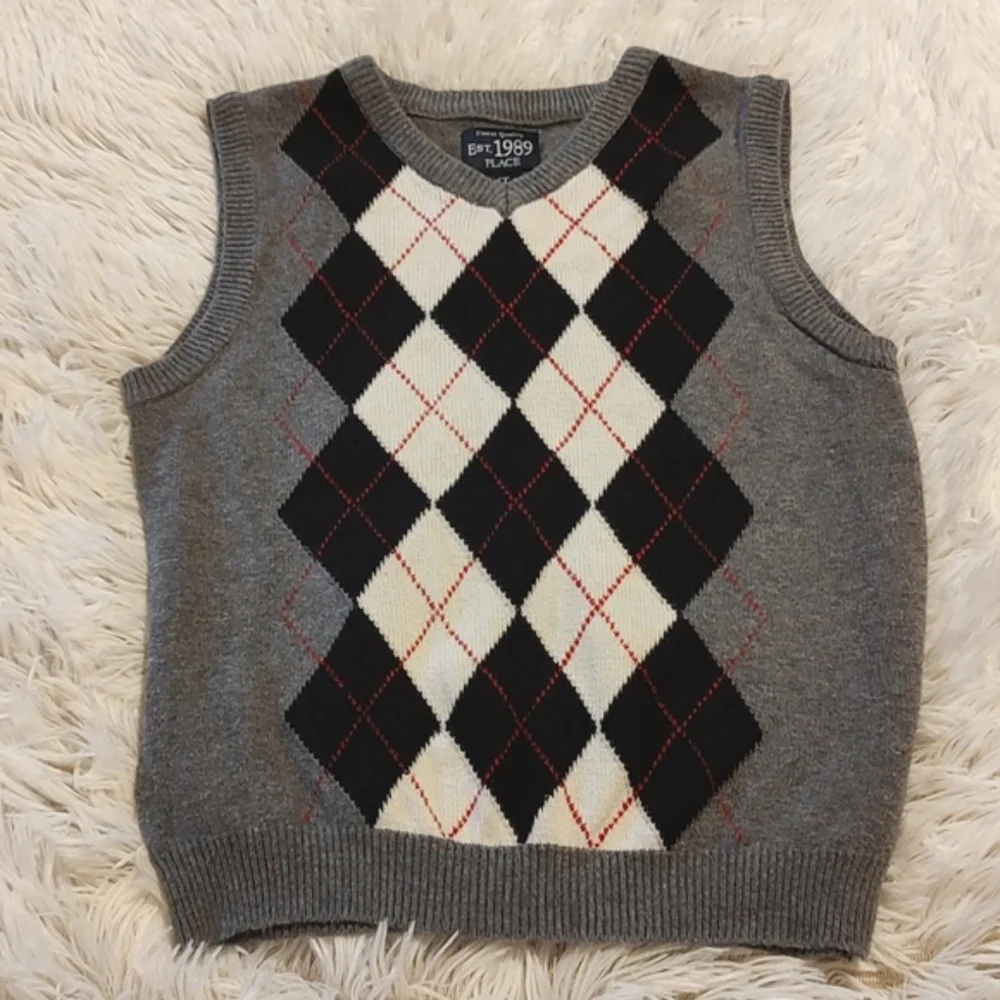 Place Boy's Argyle Sweater Vest Gray Black Red White V-neck 100% Cotton Size 4T